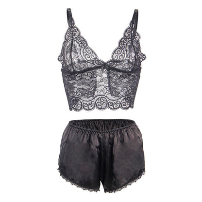 SUBBLIME - S/M *CHEMISIER DE NUIT EN SOIE ET DENTELLE + CULOTTE NOIRE S/M