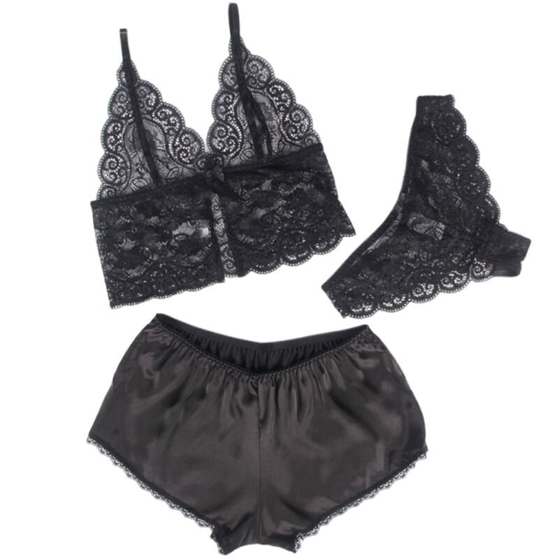 SUBBLIME - S/M *CHEMISIER DE NUIT EN SOIE ET DENTELLE + CULOTTE NOIRE S/M