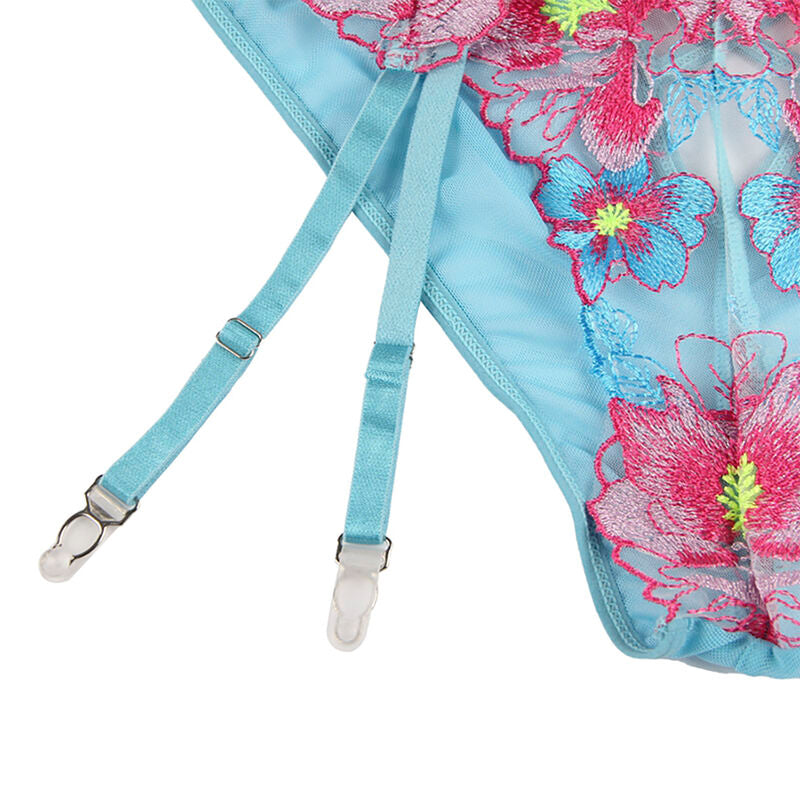 SUBBLIME - S/M *SOUTIEN-GORGE + CULOTTE AVEC PORTE-JARRETELLES MOTIF FLORAL BLEU