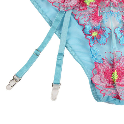 SUBBLIME - S/M *SOUTIEN-GORGE + CULOTTE AVEC PORTE-JARRETELLES MOTIF FLORAL BLEU