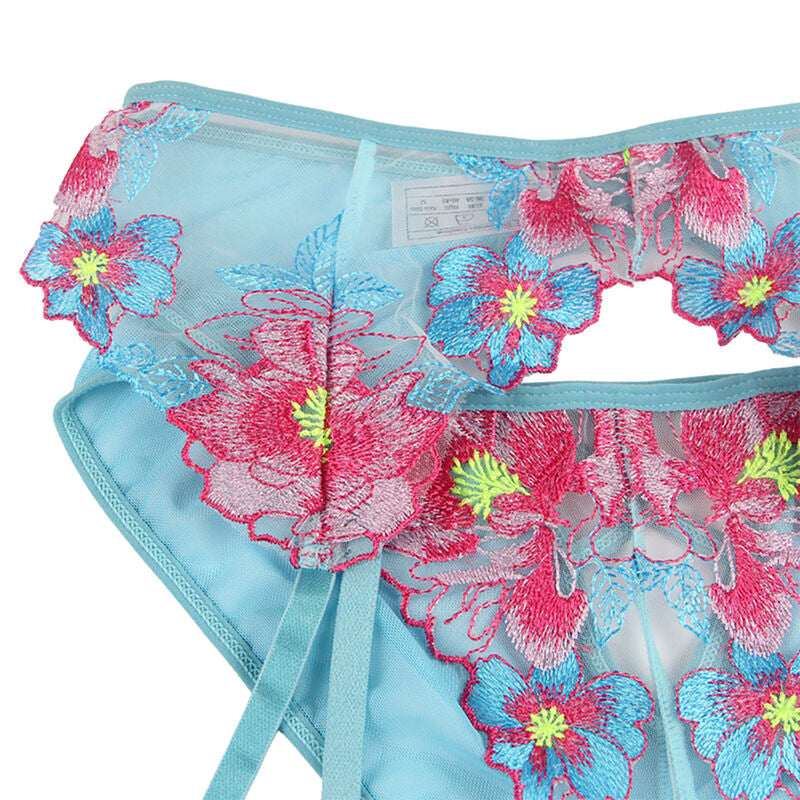 SUBBLIME - S/M *SOUTIEN-GORGE + CULOTTE AVEC PORTE-JARRETELLES MOTIF FLORAL BLEU