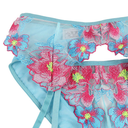 SUBBLIME - S/M *SOUTIEN-GORGE + CULOTTE AVEC PORTE-JARRETELLES MOTIF FLORAL BLEU