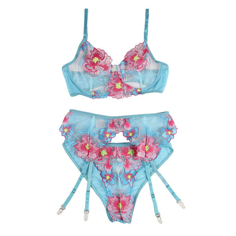 SUBBLIME - S/M *SOUTIEN-GORGE + CULOTTE AVEC PORTE-JARRETELLES MOTIF FLORAL BLEU
