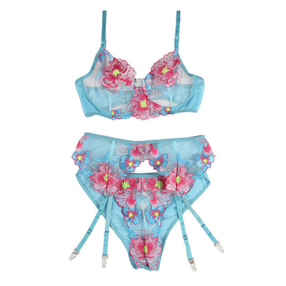 SUBBLIME - S/M *SOUTIEN-GORGE + CULOTTE AVEC PORTE-JARRETELLES MOTIF FLORAL BLEU