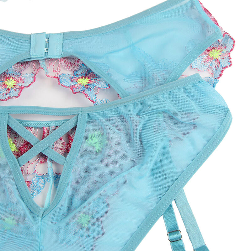 SUBBLIME - S/M *SOUTIEN-GORGE + CULOTTE AVEC PORTE-JARRETELLES MOTIF FLORAL BLEU
