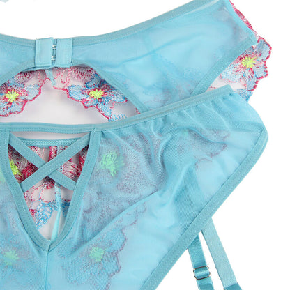 SUBBLIME - S/M *SOUTIEN-GORGE + CULOTTE AVEC PORTE-JARRETELLES MOTIF FLORAL BLEU