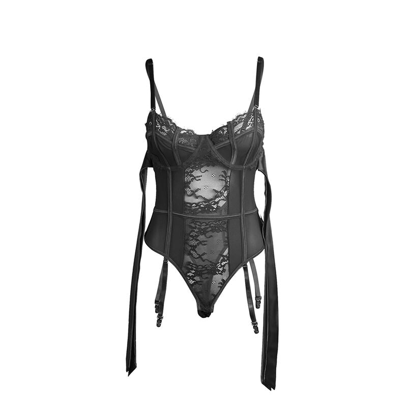 SUBBLIME - L/XL *LACE BODYSUIT WITH BOWS AND GARTERS BLACK