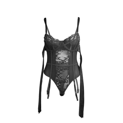 SUBBLIME - L/XL *LACE BODYSUIT WITH BOWS AND GARTERS BLACK