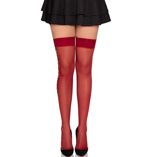 LEG AVENUE - 1957 RED FLORAL STOCKINGS WITH GARTER - ONE SIZE